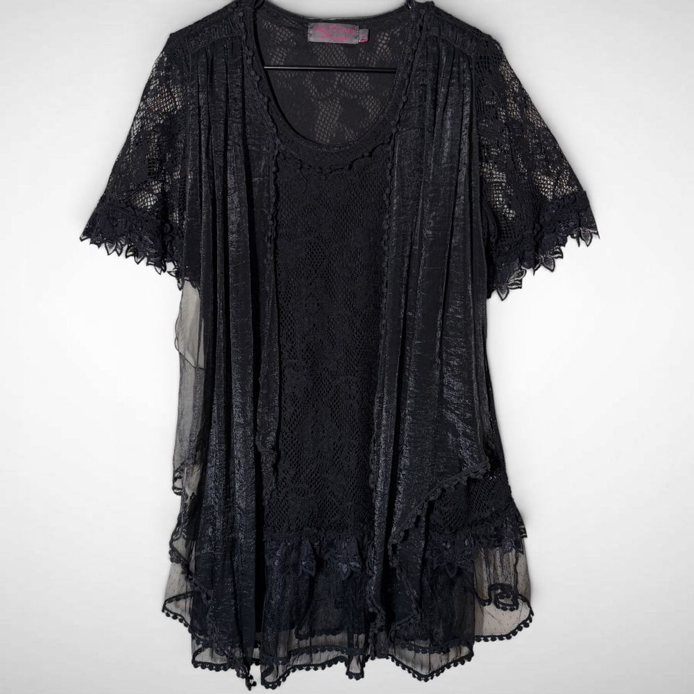 My Pretty Angel Lace Layered Tunic Top Black Women Large Whimsigoth Boho Mesh